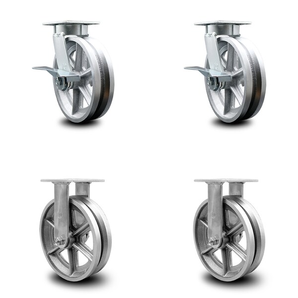 8 Inch Kingpinless V Groove Semi Steel Wheel Swivel Caster Swivel 2 Rigid, 2PK